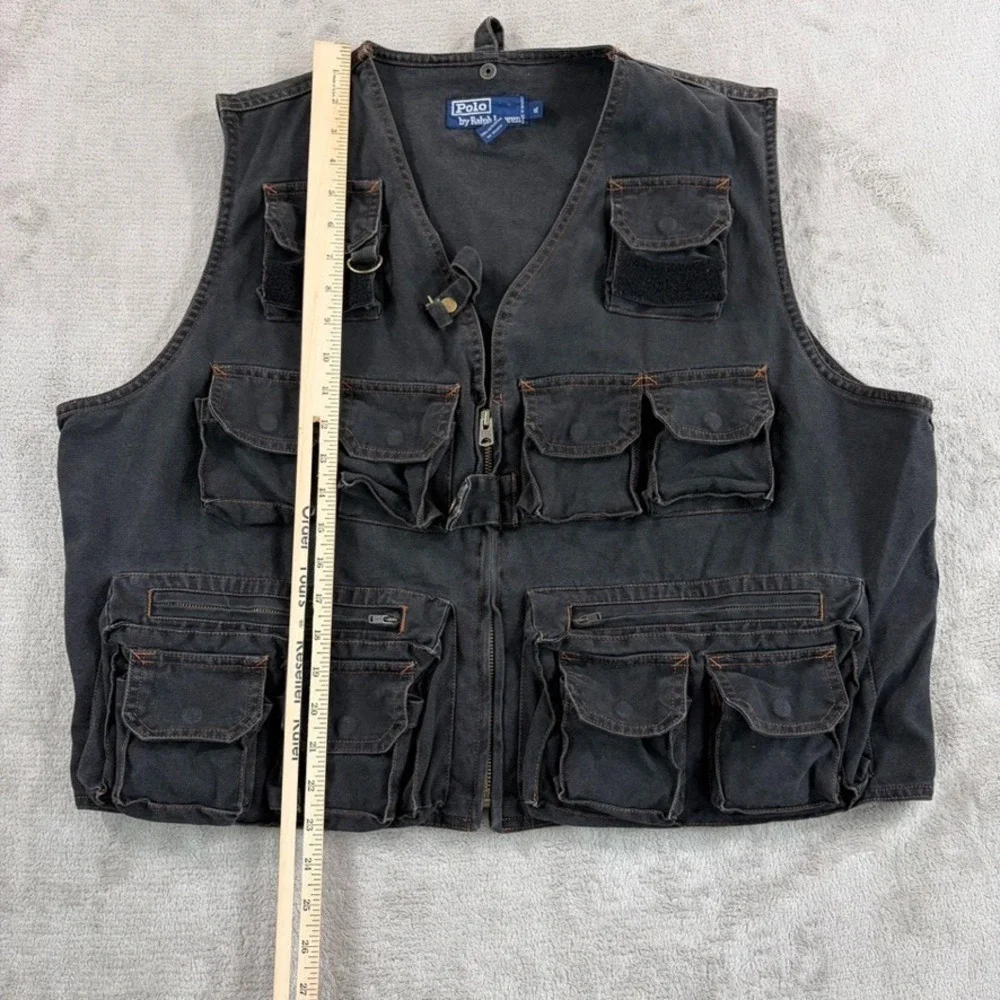 Vintage 90s 80s Polo Ralph Lauren Hunting Utility Vest in Charcoal Denim Men XL